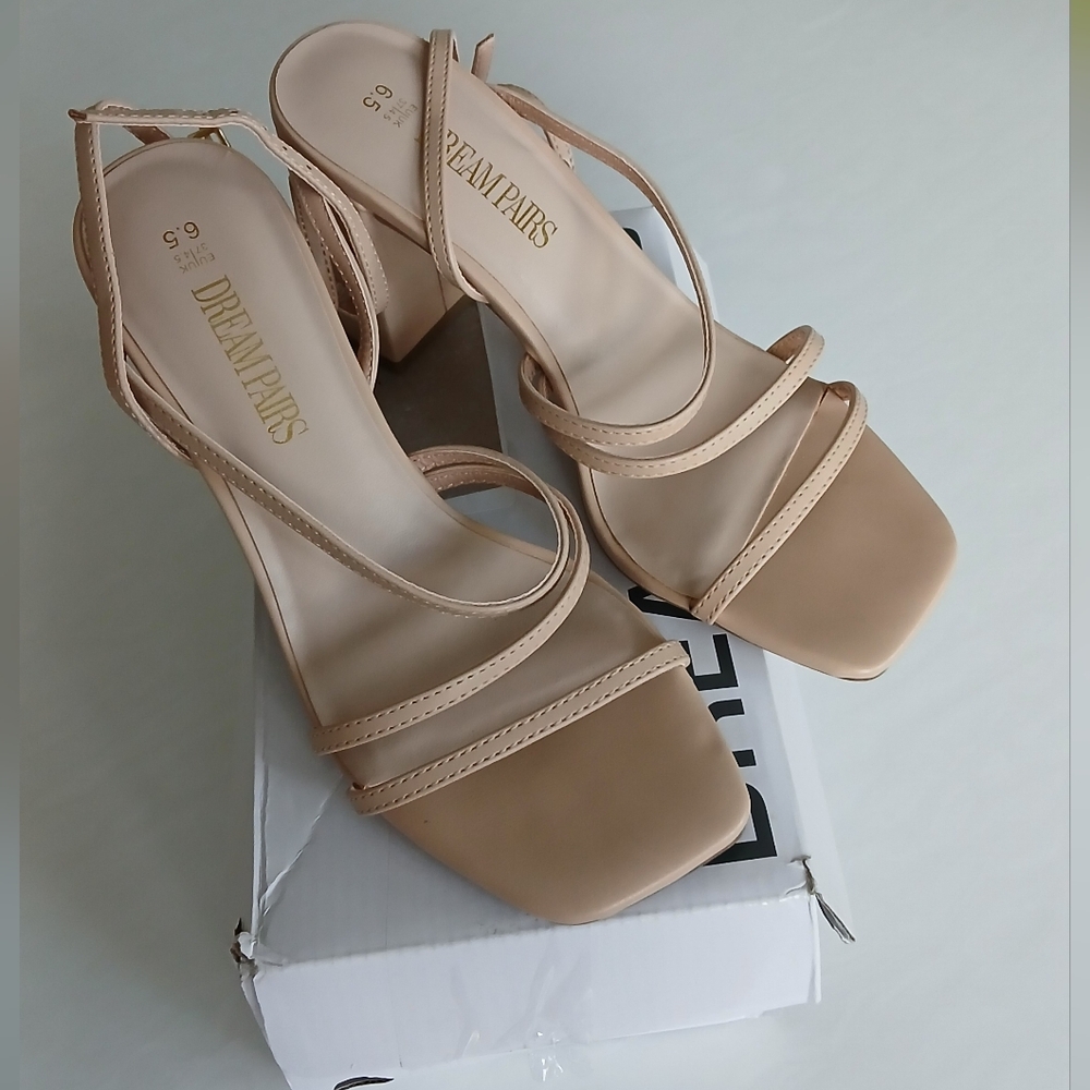 DREAM PAIRS Nude Strappy Sandals with Block Heels (Size 6.5)